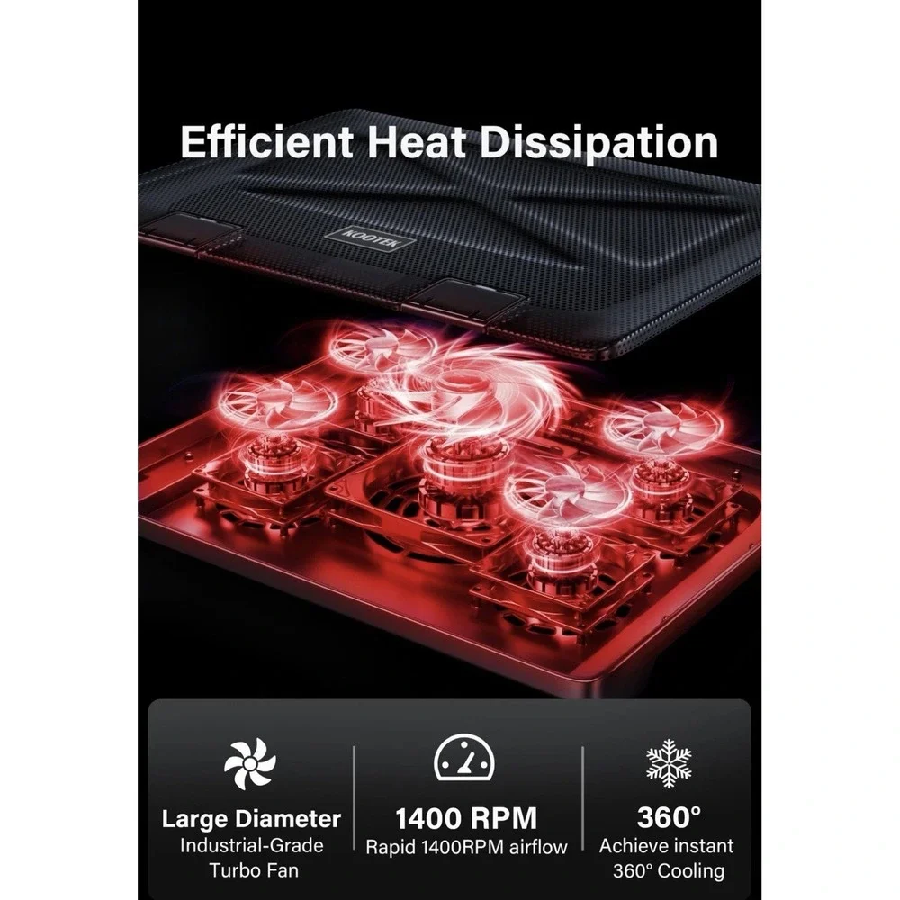 Laptop Cooling Pad with 5 Quiet Fans, Adjustable Stand for 12